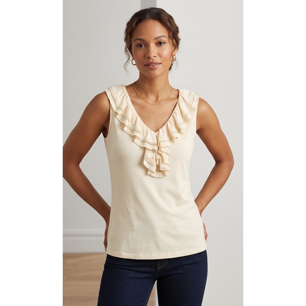 Lauren Ralph Lauren Petite Cream Ruffle V-Neck Sleeveless Cotton Top P/M Boho